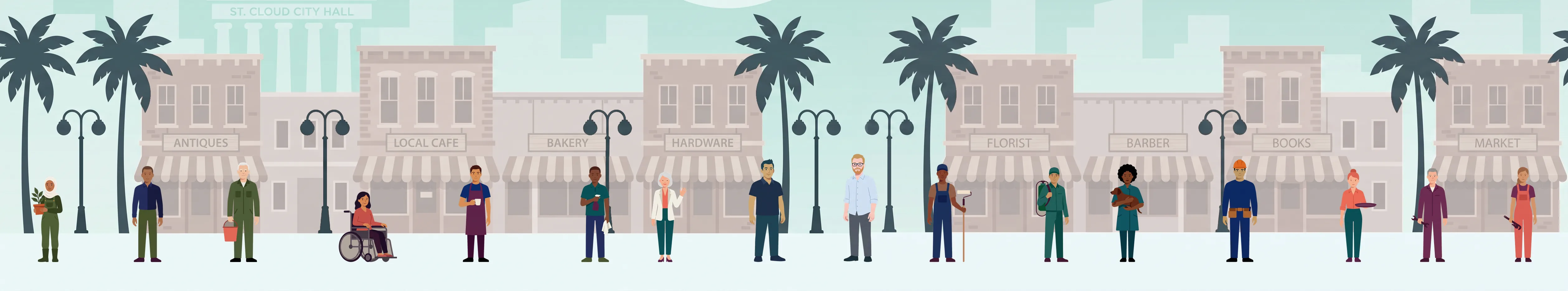An illustrated small-town main street: local trades and shop owners standing in front of their storefronts, the kinds of businesses Workload Relief builds for.